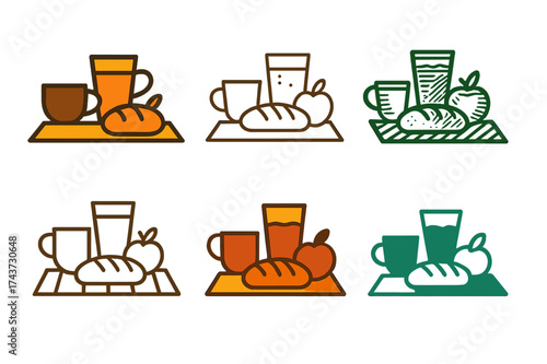 Picnic Logo Variations. A group of friends having a picnic in a park, enjoying nature and food. Set Logo of drinks and snacks: cups, fruit, and bread on picnic