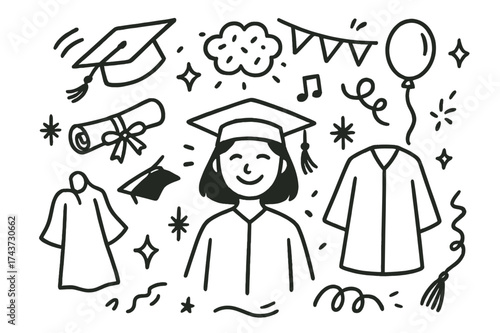 Graduation Doodle Celebration. Graduation celebration. Hand-drawn doodle illustration celebrating a graduation with a cap toss student cap in air, diploma