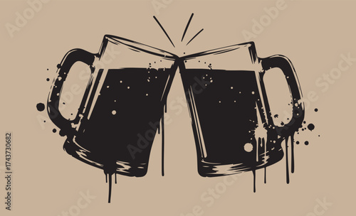 Two dark beer mugs clinking together in a toast with a grunge artistic style