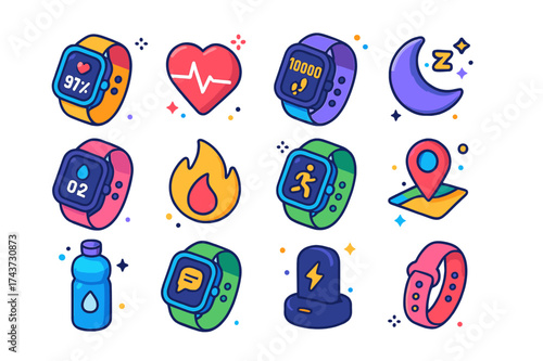 Smart Health Icons. Smart health. Colorful isometric vector icons set of smart health: smartwatch, heart rate, step counter, sleep tracker, blood oxygen,