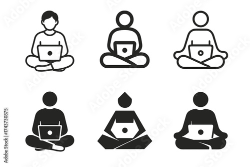 Meditative Work Logos. A person working in a calm and peaceful environment. Set Logo of meditative work: person seated in lotus pose with laptop. harmonious