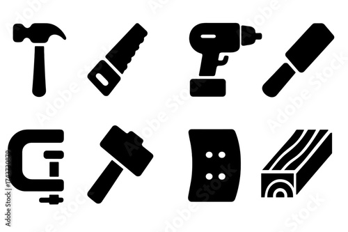 Woodworking Tool Icons. Woodworking Tools. Filled icon set of Woodworking Tools: hammer, saw, chisel, drill,