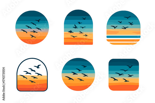 Bird Migration Logos. A flock of birds migrating across the sky at sunset, silhouetted against the colorful horizon. Set Logo of sky gradient: layered color