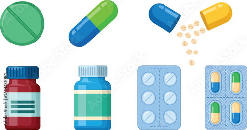Pharmaceuticals pills capsules medicine healthcare vector set editable