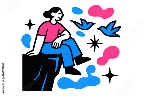 Cliffside Tranquility. Cliffside Rest. A character sitting at the edge of a glowing cliff, abstract floating birds and spark shapes showing calm and