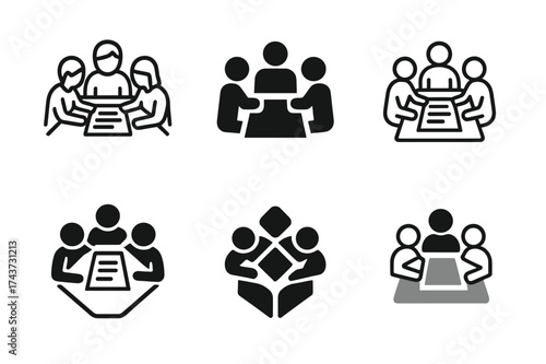 Teamwork Logo Variations. Students making presentations and projects. Set Logo of teamwork: group of students around table with documents. harmonious logo