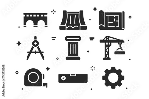 Civil Engineering Icons. Civil engineering. Solid icons set of Civil engineering: bridge, dam, tunnel, blueprint, compass tool, pillar, crane, concrete slab,