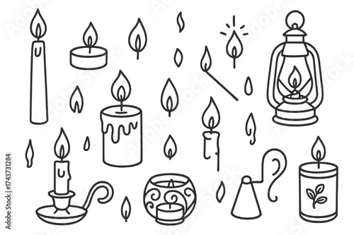 Candle Illustration Icons. Candles. Hand-drawn doodle illustration candles taper candle, pillar candle, tealight, candle holder, flame, wax drips, matchstick,