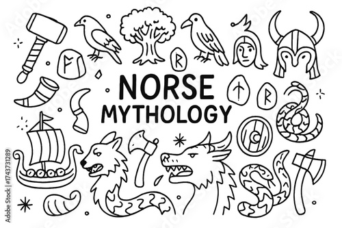 Norse Mythology Icons. Norse Mythology. Hand-drawn doodle illustration of Norse Mythology. Thor?s hammer,