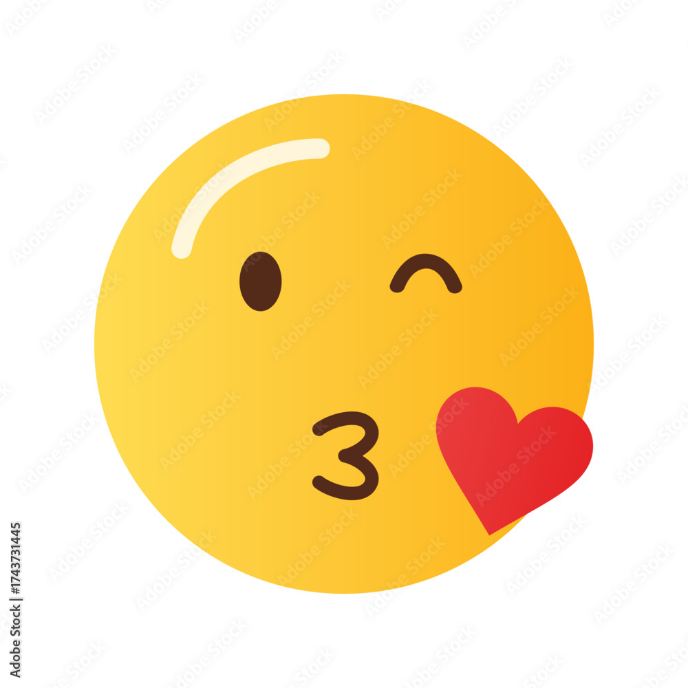 Fototapeta premium Yellow emoji face blowing a kiss with a red heart and a wink