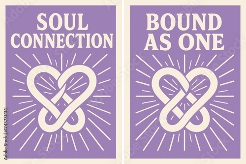 Infinity Heart Banners. Soul Connection. Two vertical A6 banners, bold, lavender and cream backgrounds, intertwining ribbon forming an infinity heart with