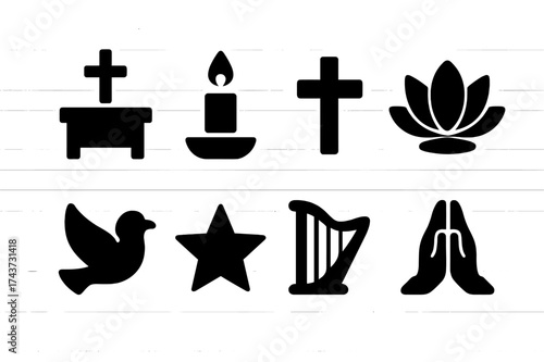 Worship Icon Set. Worship. Filled icon set of Worship: altar, candle, cross, lotus flower, dove, star, harp,