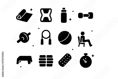 Home Workout Essentials. Home Workout. Solid icons set of Home Workout: yoga mat, resistance band, water bottle, small dumbbell, ab wheel, skipping rope,