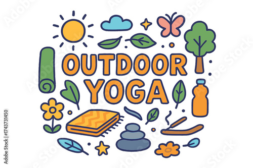 Outdoor Yoga Doodle. Outdoor Yoga. Hand-drawn doodle illustration of Outdoor Yoga. yoga mat, tree, sun, flower