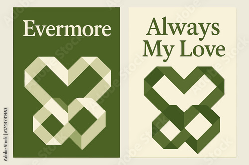 Evermore Infinity Banners. Evermore. Two vertical A6 banners, geometric, olive green and cream backgrounds, angular infinity heart built from clean polygons,