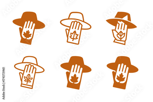 Autumn Logo Designs. Fall fashion accessories (gloves, hats, boots). Set Logo of autumn leaf accessory: leaf incorporated into hat or glove design. harmonious