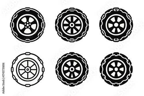 Snow Tire Logos. Snow chains on tires. Set Logo of secure grip badge: circular emblem with chain-wrapped wheel. harmonious logo variations of the