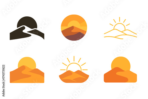 Sunrise and Sunset Logos. Sunrise and sunset over natural landscapes. Set Logo of Sunrise and sunset over natural landscapes: Desert dunes at