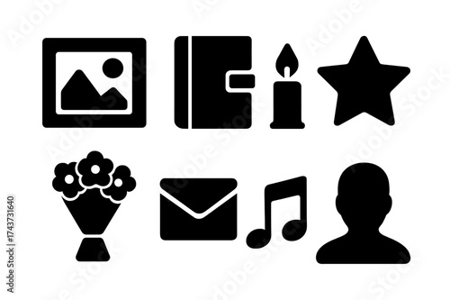 Memory Icon Set. Memory. Filled icon set of Memory: photo frame, diary, candle flame, star, flower bouquet,