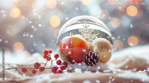 Festive Christmas Decorations in Glass Ornament with Apples Pinecones and Snow Effect