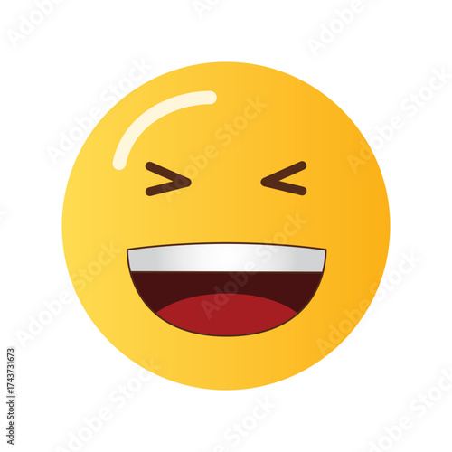 A bright yellow emoji face with closed eyes and a wide open mouth laughing heartily