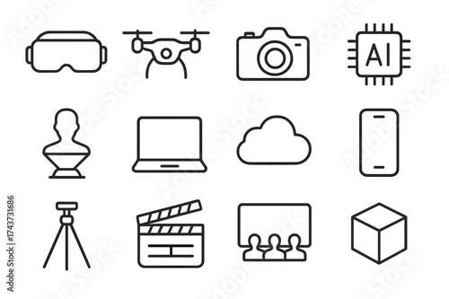 Future Filmmaking Icons. Future of filmmaking. Line outline icon set of future of filmmaking: VR headset,