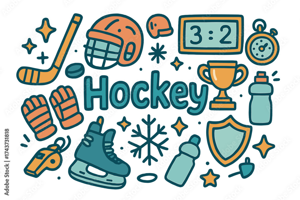 Fototapeta premium Hockey Doodle Collection. Hockey. Hand-drawn doodle illustration of Hockey. Hockey stick, puck, skates, helmet