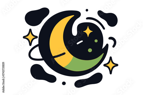 Celestial Abstraction. Night Darkness. Abstract glowing moon partly hidden in shadow, with floating dark shapes and stars orbiting around. Modern flat-line