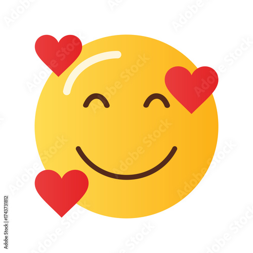 Happy yellow emoji face with closed eyes and a smile surrounded by red hearts symbolizing love and affection