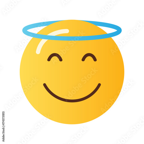 A cheerful yellow emoji with closed eyes and a smile wearing a light blue halo against a black background