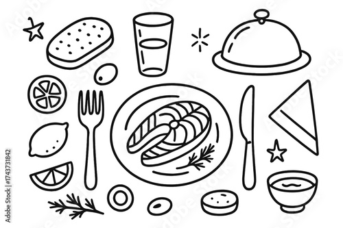 Dinner Table Doodle. Dinner table. Hand-drawn doodle illustration dinner table plate, fork, knife, salmon fillet, bread, olive, lemon, onion ring, dill, glass,