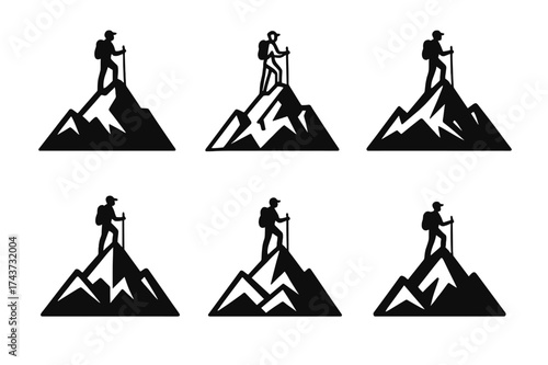 Adventure Emblem Logos. Mountain peaks. Set Logo of adventure emblem: hiker silhouette on top of peak. harmonious logo variations of the same emblematic