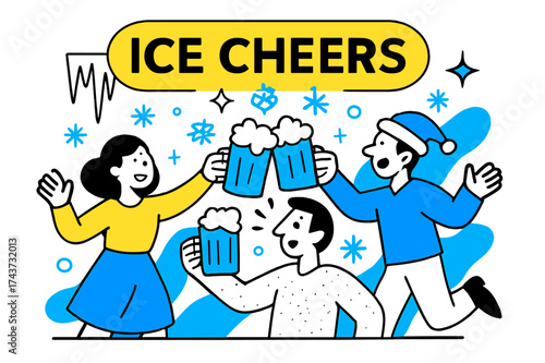 Frosty Festive Cheers. Frost-themed party with icicles and snow-inspired decorations. Characters making cheers