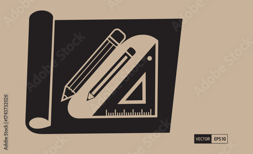 Architectural blueprint with drafting tools and pencil