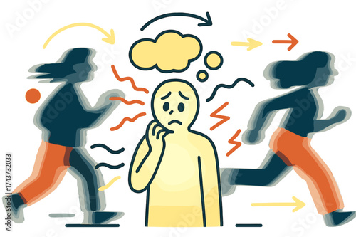 Stressed Crowded Mind. Anxious in crowd. Glowing figure with abstract thought bubbles and floating wavy lines indicating stress, crowd figures moving past in
