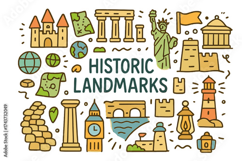 Historic Landmarks Doodle. Historic Landmarks. Hand-drawn doodle illustration of Historic Landmarks. Castle,