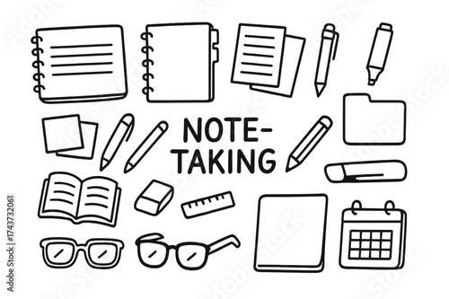 Note-Taking Essentials. Note-taking. Hand-drawn doodle illustration note-taking notebook, binder, divider tabs, paper sheets, pen, pencil, ruler, eraser,
