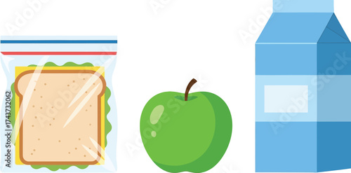 School lunch box with sandwich apple and milk vector graphic editable