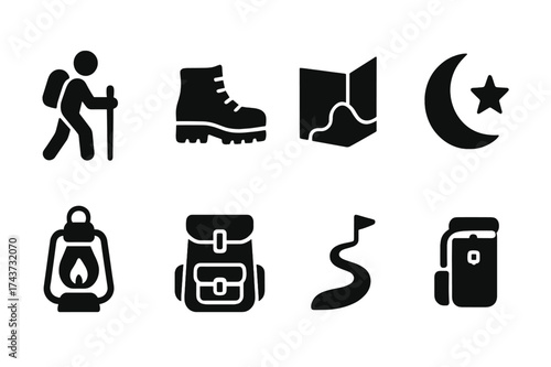 Wanderer Icon Set. Wanderer. Filled icon set of Wanderer: walking stick, boots, map, moon, star, trail,