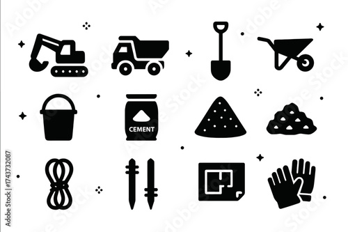 Construction Tools Icons. Site preparation. Solid icons set of Site preparation: excavator, dump truck, shovel, wheelbarrow, bucket, cement bag, sand pile,