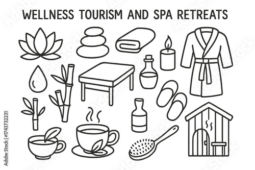 Spa Retreat Symbols. Wellness Tourism and Spa Retreats. Hand-drawn doodle illustration wellness tourism and spa retreats lotus flower, spa stones, towel,