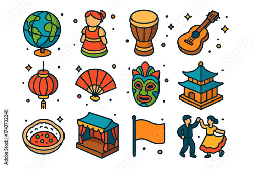 World Cultures Icons. World Cultures. Colorful isometric vector icons set of world cultures: globe, traditional costume, drum, guitar, lantern, fan, mask,