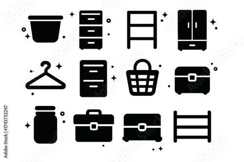 Storage Icons Collection. Storage Solutions. Solid icons set of Storage Solutions: storage bin, drawer unit, shelf, wardrobe, coat hanger, filing cabinet,