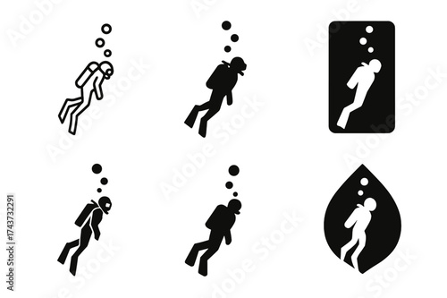 Deep-Sea Diver Logos. Exploration of ocean depths and undiscovered marine ecosystems. Set Logo of deep-sea diver: diver silhouette descending with bubbles.