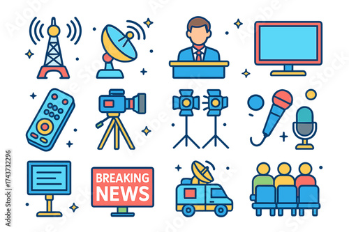Isometric Broadcast Icons. Television Broadcast. Colorful isometric vector icons set of Television Broadcast: TV tower, satellite dish, news anchor desk,