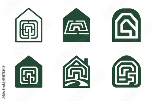 Estate Logo Variations. Estate. Set Logo of Estate: hedge maze. harmonious logo variations of the same emblematic concept, each with different artistic