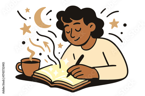 Dreamy Writing Scene. Dream journal. Person writing in glowing notebook before sleep, stars and moon symbols