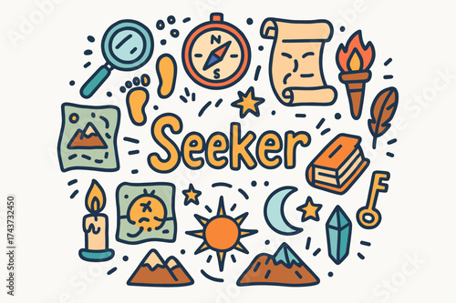 Seeker's Adventure Doodles. Seeker. Hand-drawn doodle illustration of Seeker. magnifying glass, footprints,