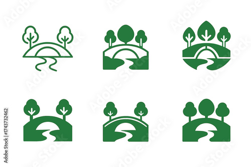 Green Bridge Logos. Green bridges. Set Logo of Green bridges: Riparian corridor bridge. harmonious logo variations of the same emblematic concept, each with