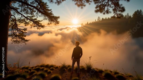 A man stands on top of a hill as the sun rises above passing clouds.